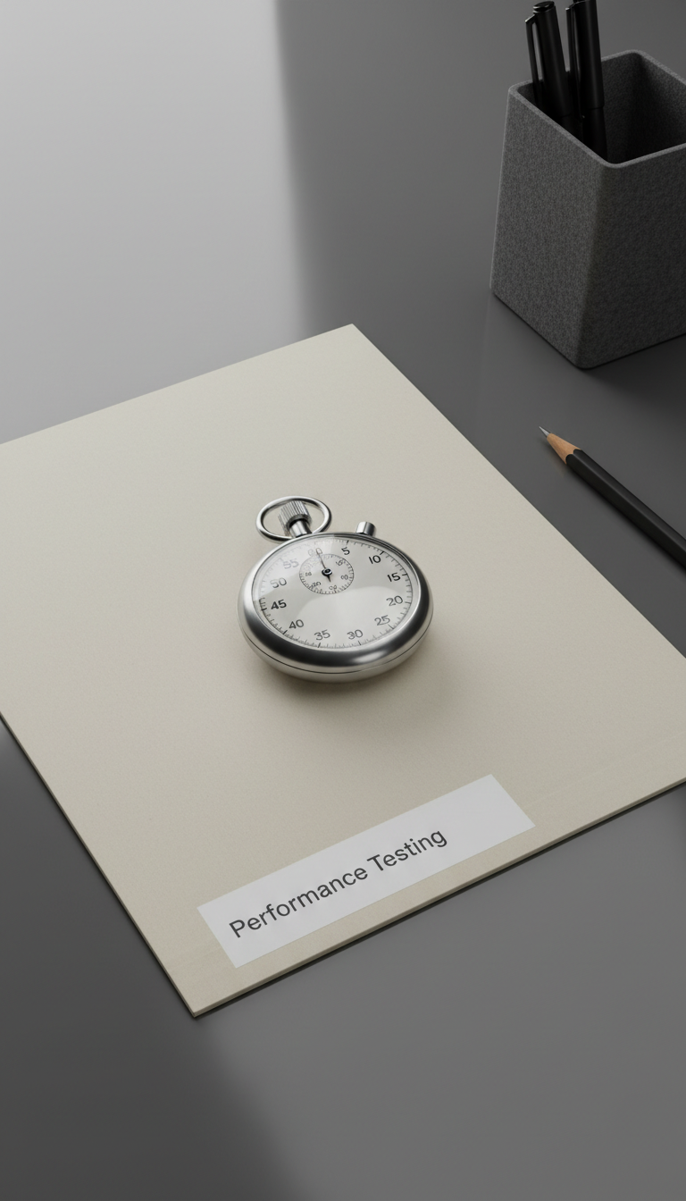 A precision-engineered mechanical stopwatch, its stainless steel body brushed to a satin finish, sits atop an immaculate, neutral-toned document folder labeled 'Performance Testing'. The setting is a polished, structured workspace desk with glassy reflections and subtle organizational elements, such as a graphite pencil and a soft-edged desk organizer nearby. Crisp, overhead studio lighting creates gentle shadows and subtle highlights that emphasize the texture and craftsmanship of the stopwatch. Photographed in a centered, slightly elevated composition with sharp detail throughout, the image exudes reliability, measurement, and professionalism—capturing the essence of performance testing within a clean business context.