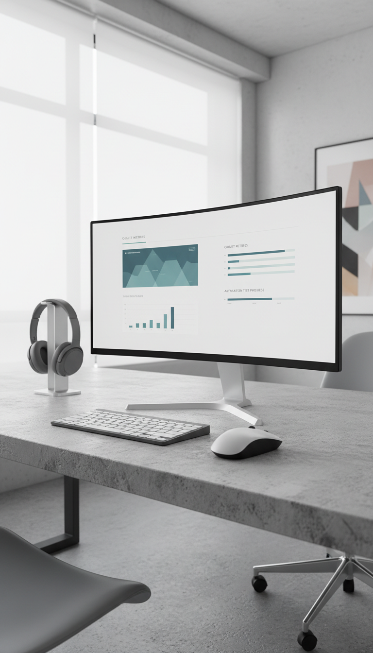 A balanced arrangement of high-end wireless devices—streamlined keyboard, precision mouse, and noise-cancelling headphones—all in a harmonious palette of whites and soft grays, resting on a textured concrete desktop. Behind them, a widescreen monitor displays a minimalistic dashboard illustrating quality metrics and automation test progress in subtle teal and slate hues. The environment is a bright, modern workspace with sheer white blinds filtering daylight and imparting a gentle, even glow. The scene, composed from an eye-level, wide-angle view, utilizes negative space for a tranquil, focused business mood. The photographic realism and corporate minimalist style speak to leadership in tech and SDET coaching.
